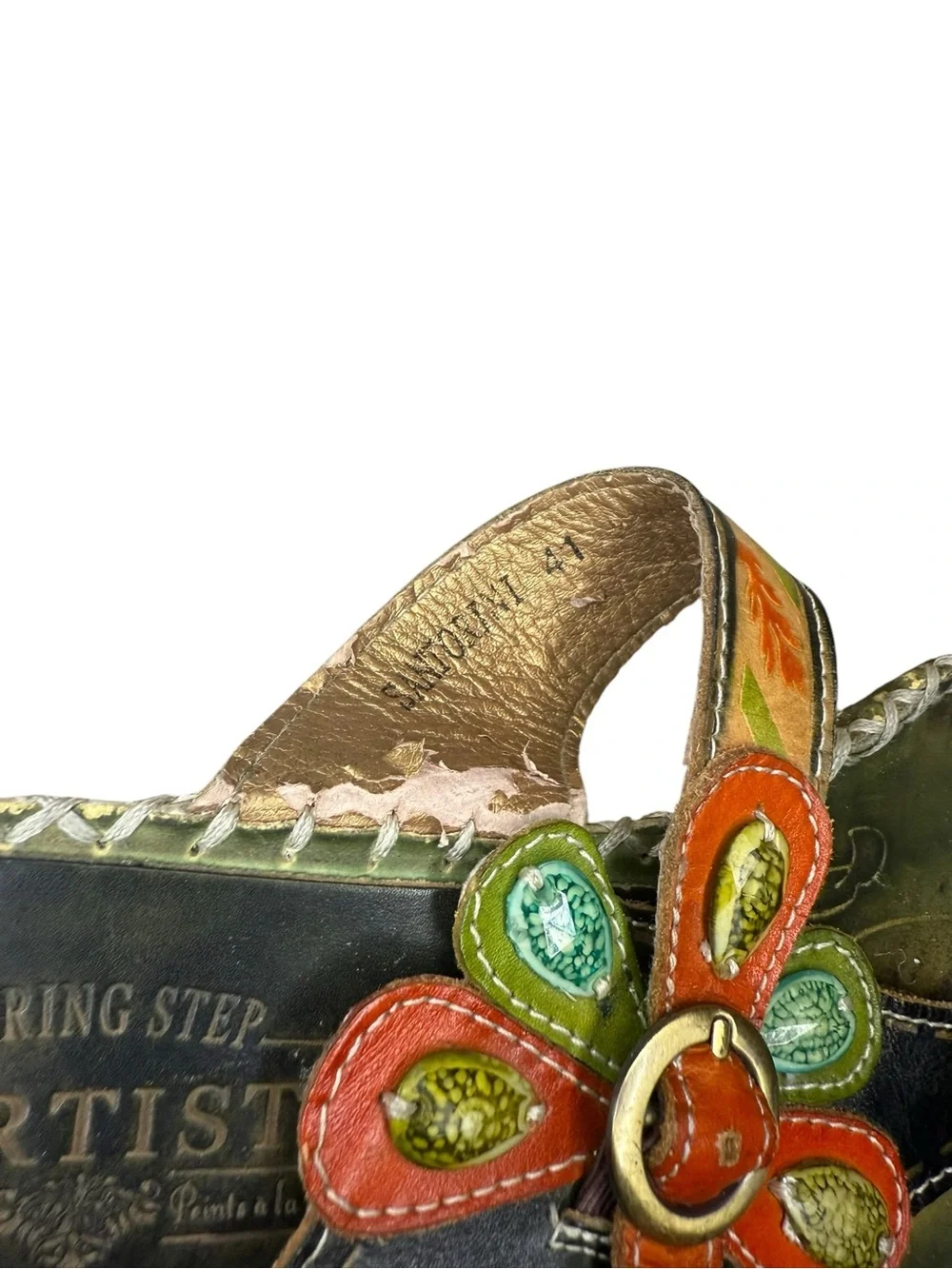 L'ATISTE Green Leather Boho Sandals with Orange Floral Accents